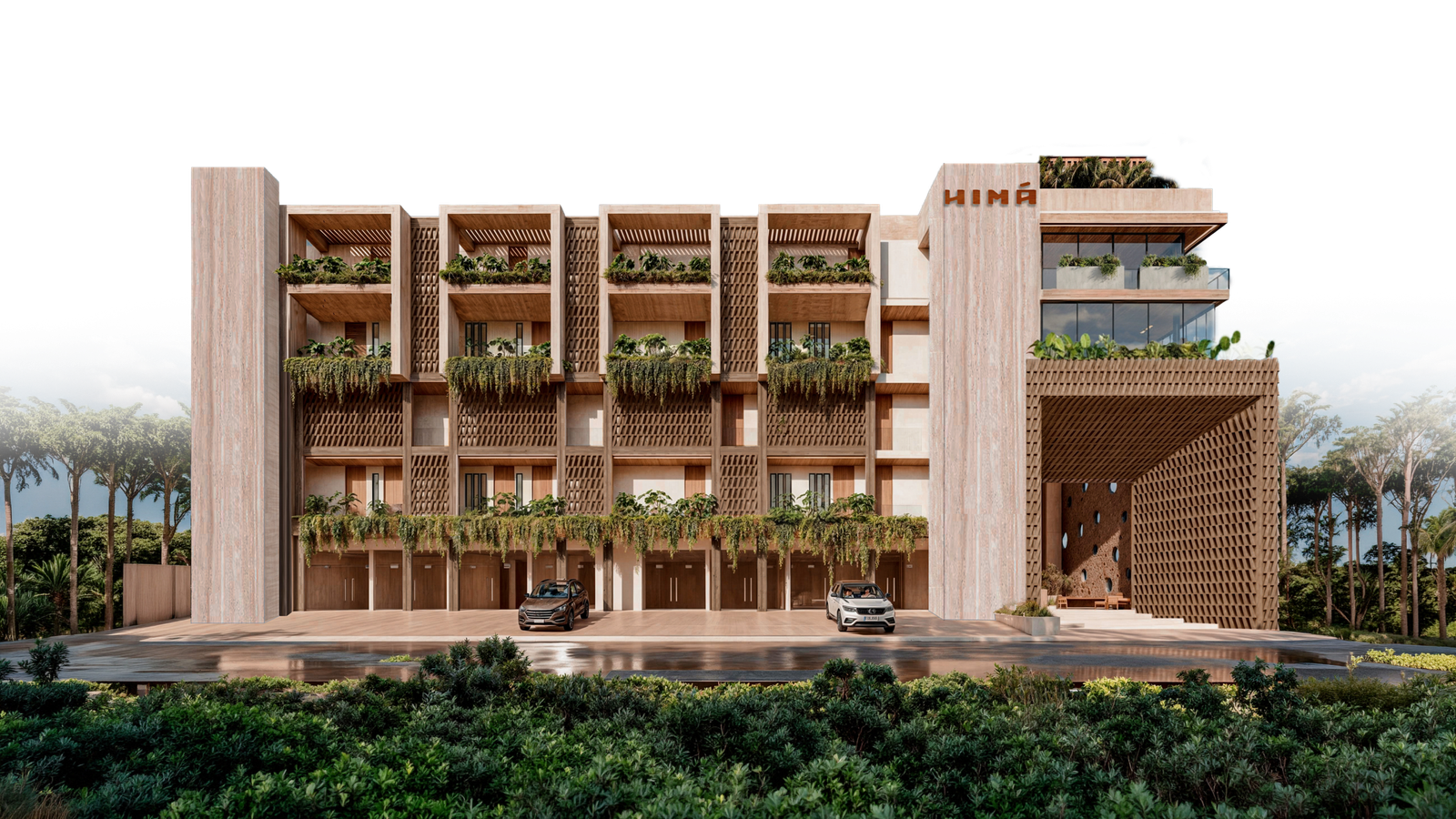 Fachada de HIMÁ Tulum, desarrollo de departamentos de lujo con 33 residencias exclusivas y amenidades premium.