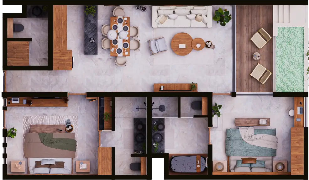 Distribución de la tipología Árbol de HIMÁ Tulum, una residencia de dos recámaras con cocina abierta, sala, comedor, terraza exterior y plunge pool privada.