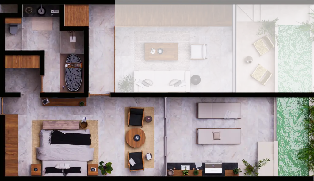 Planta arquitectónica ambientada del nivel superior del penthouse Nido de HIMÁ Tulum con recámaras secundarias, terrazas privadas y espacios diseñados para brindar privacidad y confort.