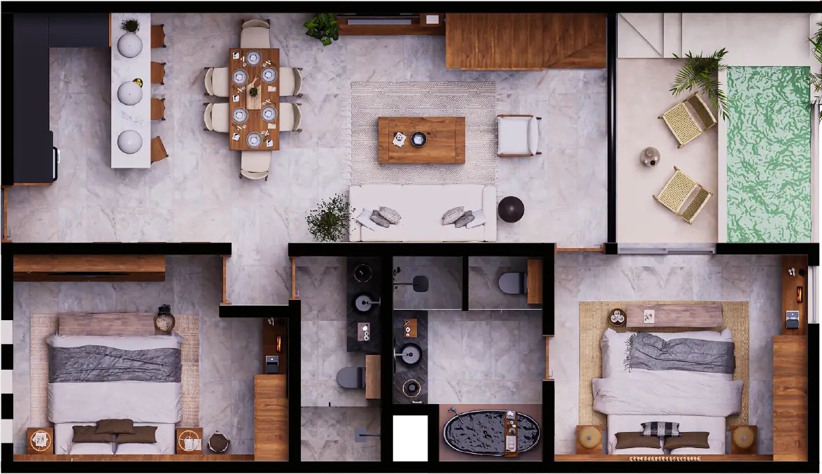 Planta arquitectónica ambientada del nivel planta baja del penthouse Nido de HIMÁ Tulum con áreas sociales integradas, recámara principal y terraza con plunge pool privada.