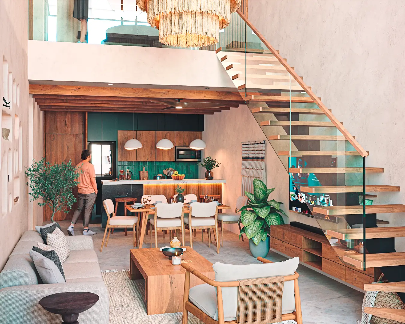 Interior del penthouse Nido de tres recámaras en HIMÁ Tulum con doble altura y espacios integrados. Descubrir residencias.