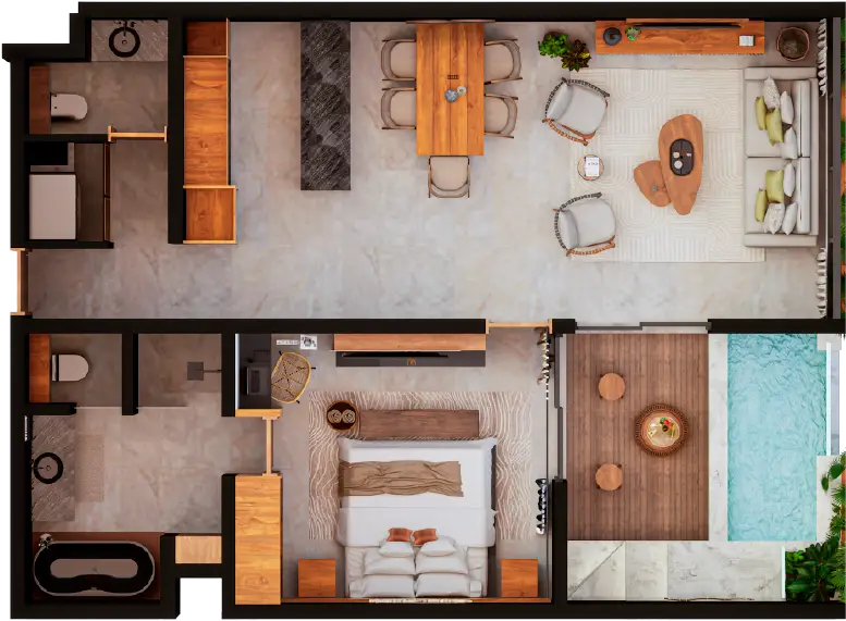 Planta arquitectónica ambientada de la residencia Raíz de una recámara en HIMÁ Tulum con área social abierta, terraza y plunge pool privada.