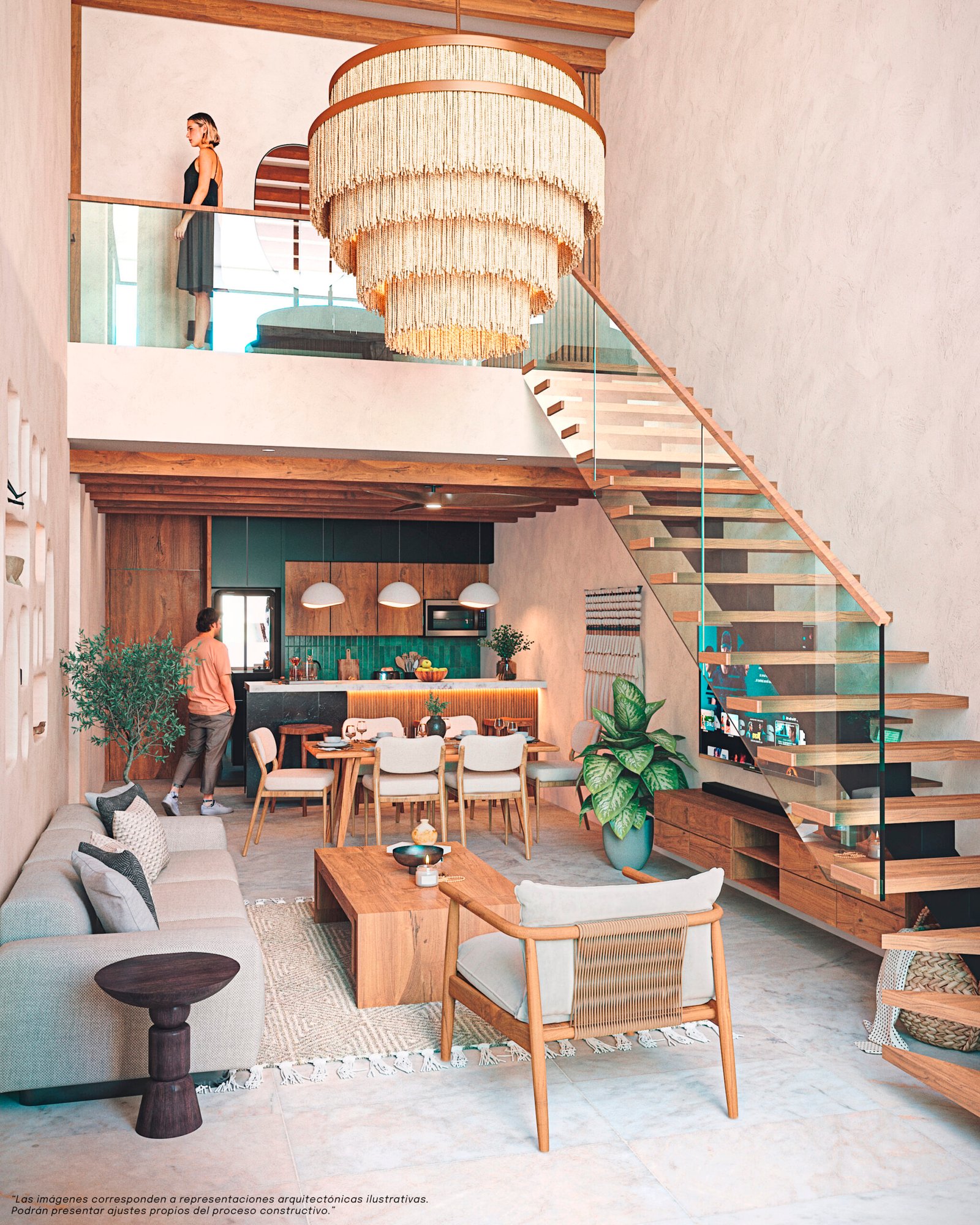 Interior del penthouse Nido de tres recámaras en HIMÁ Tulum con doble altura y espacios integrados. Descubrir residencias.